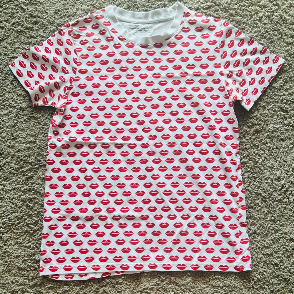 French Connection White Tee with Red Lips Print